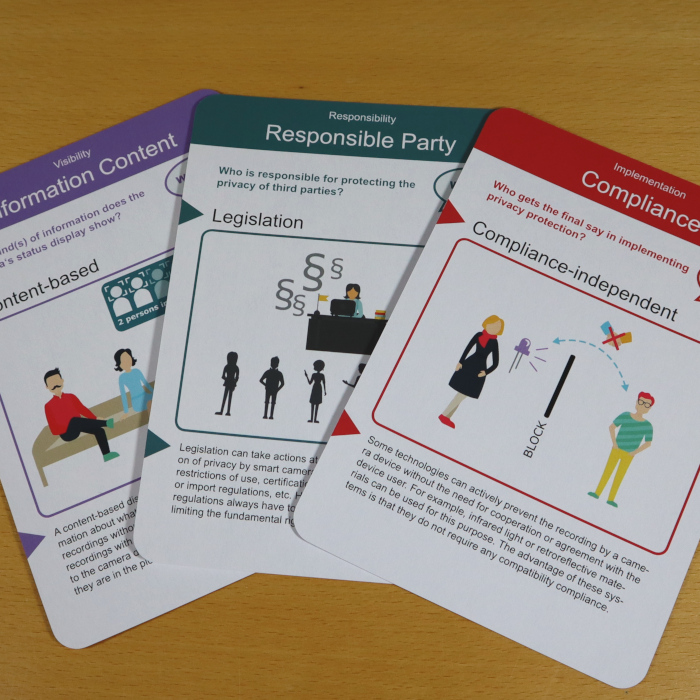 Three cards are lying on a wooden
					desk overlapping with each other